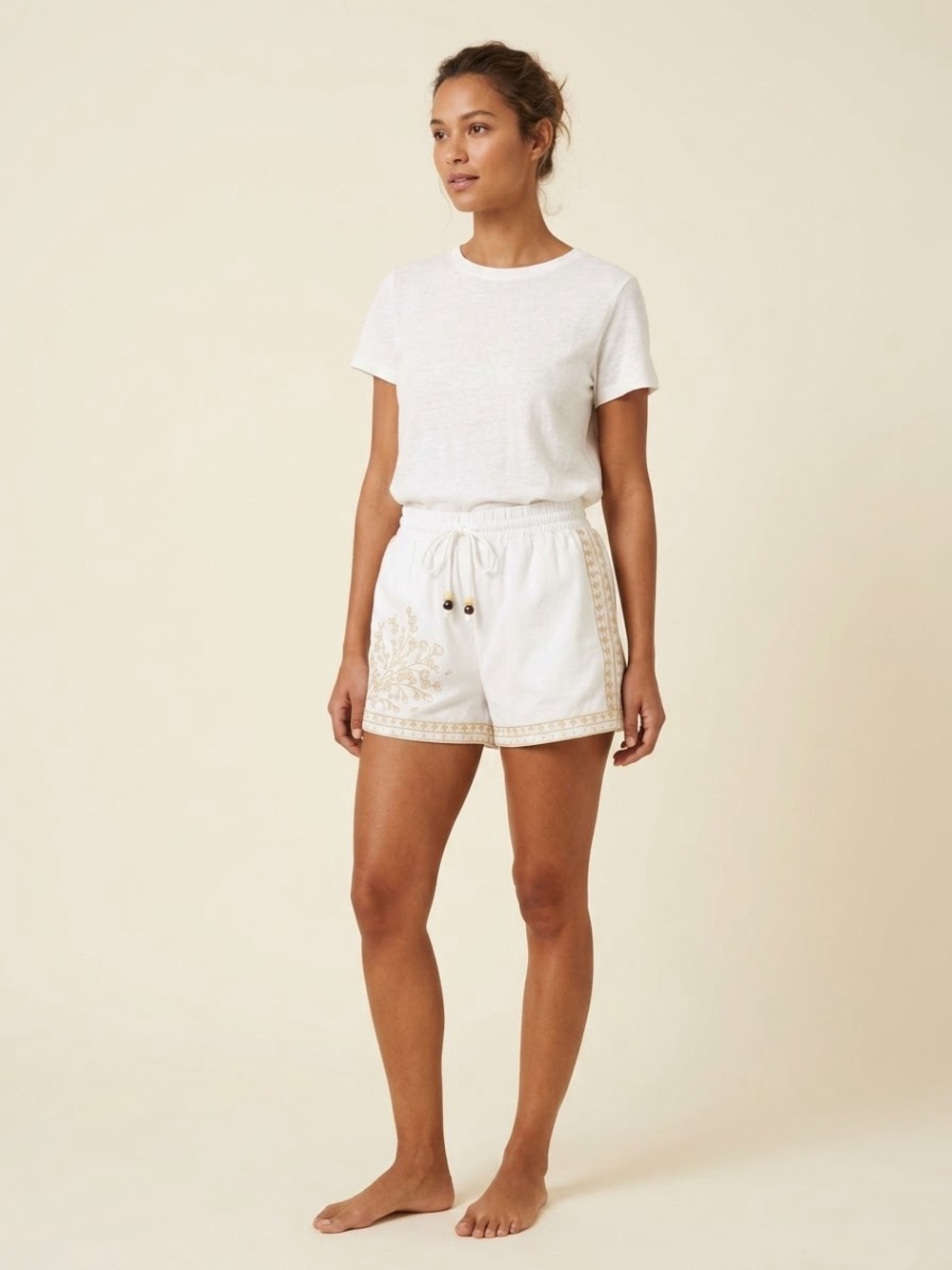 Boho Floral Embroidered High-Waist Shorts with Elastic Drawstring